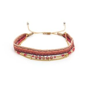 Boho Multi-Strand Woven Friendship Bracelet Pink Gold Beaded Adjustable‎ Layered